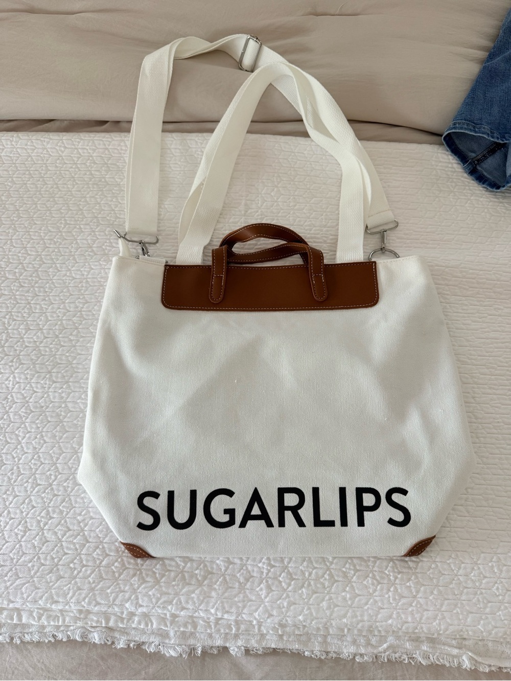 Sugarlips White Canvas Tote with Brown Trim and Black Logo